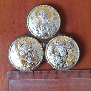 Икона серебряная тройная автомобильная Богородица Владимирская, Спаситель и Святой Николай