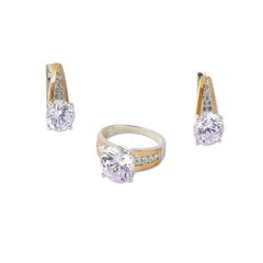 Комплект серебряный с золотыми вставками кольцо и сережки с крупным камнем