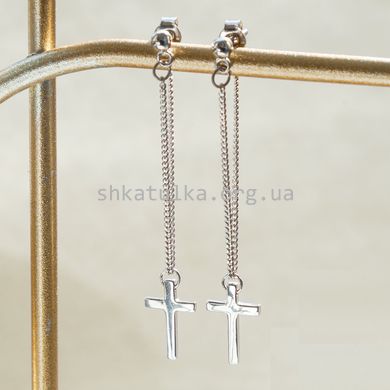 Сережки серебряные пусеты висюльки Крестик без камней