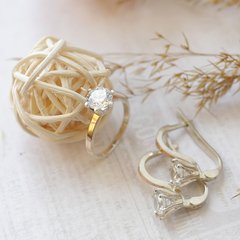 Комплект серебряный с золотыми вставками кольцо и сережки с круглыми фианитами