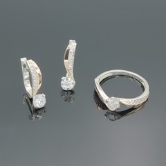 Комплект серебряный с золотыми вставками кольцо и сережки с фианитом Лиана
