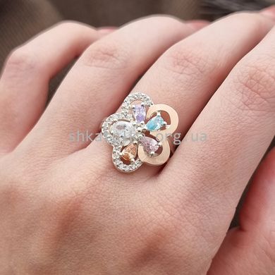 Комплект серебряный с золотыми вставками Цветок кольцо и серьги с цветными фианитами