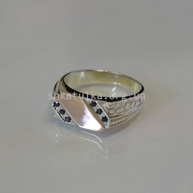Перстень мужской серебряный с золотыми вставками и черными фианитами
