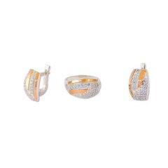 Комплект серебряный с золотыми вставками кольцо и сережки с россыпью фианитов