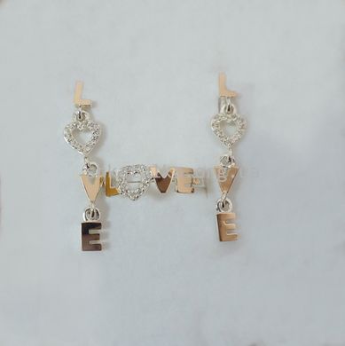 Сережки серебряные пусеты с золотыми вставками LOVE и маленькими белыми цирконами