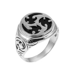 Перстень серебряный мужской с круглым черным ониксом и узором