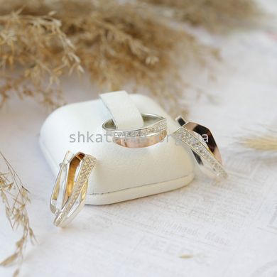 Комплект срібний із золотими вставками каблучка й сережки з білими фіанітами